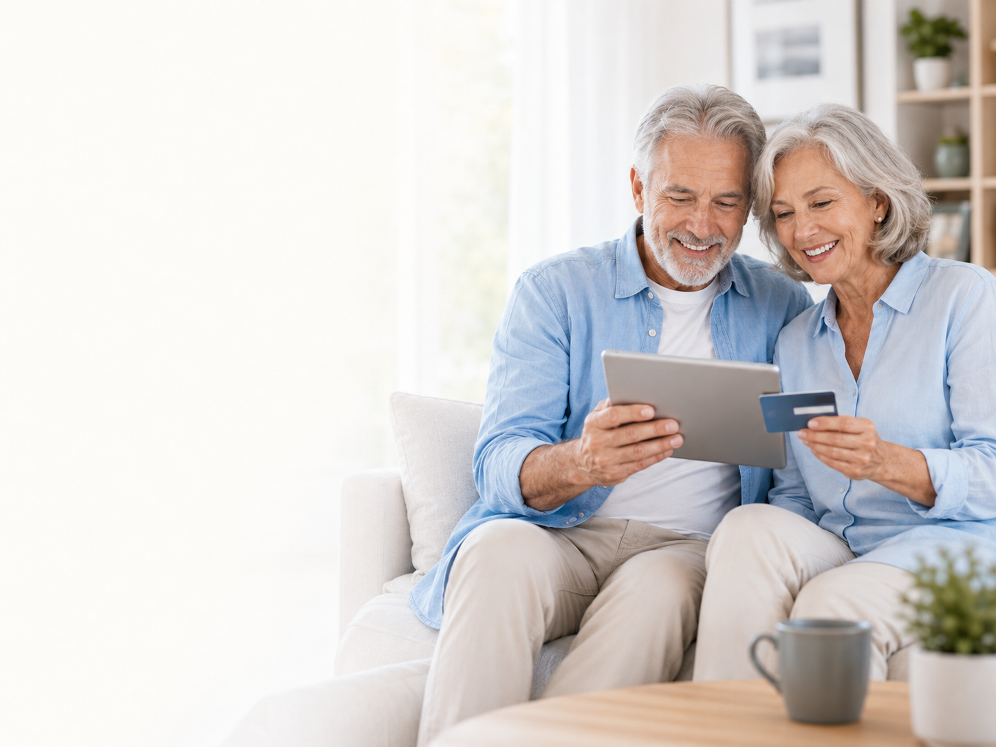 Pareja de adultos mayores consultando opciones de crédito desde su hogar